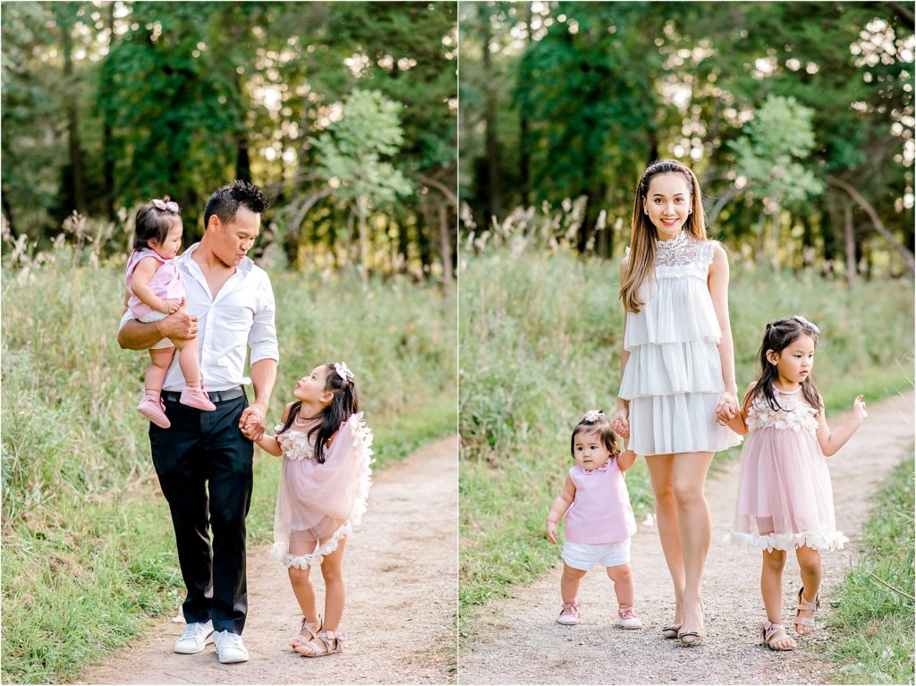 Family photo session, parents walking with their children in nature.