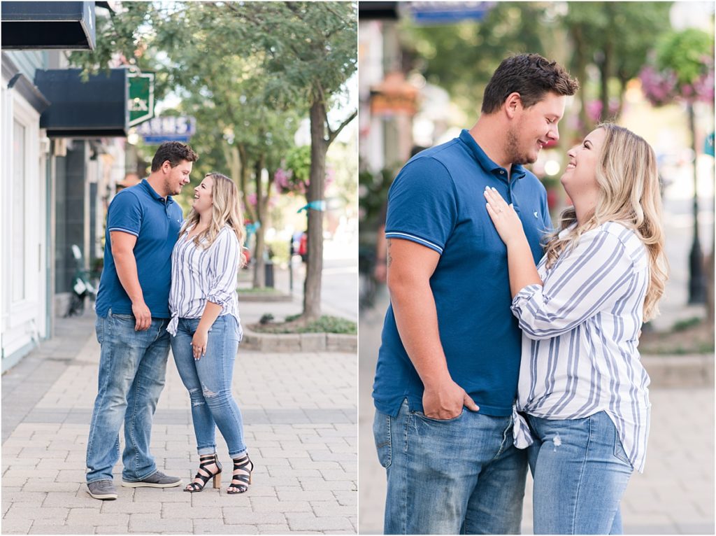 Milford Mi engagement photos in a downtown setting.