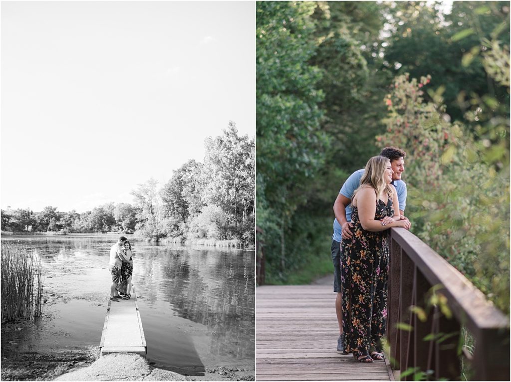 Two photos of a couple standing on a bridge, and standing on a dock at Kensington Metropark  in Milford Mi