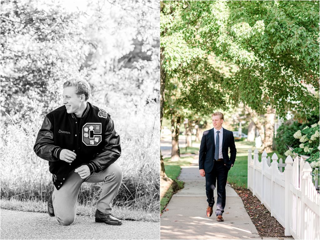 Senior photo, boy laughing in letter jacket. And also walking down a street in downtown Milford, Mi with a white picket fence.