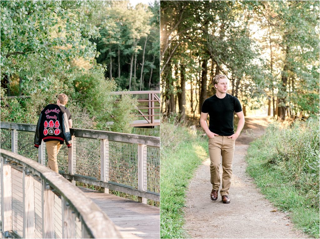 Senior Photo of a boy walking on a path, and another photo of the same boy carrying his letter jacket.