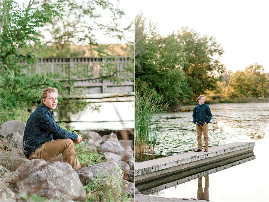 Senior Photos of a young man standing on a dock in Milford, Mi at Kensington Metropark.