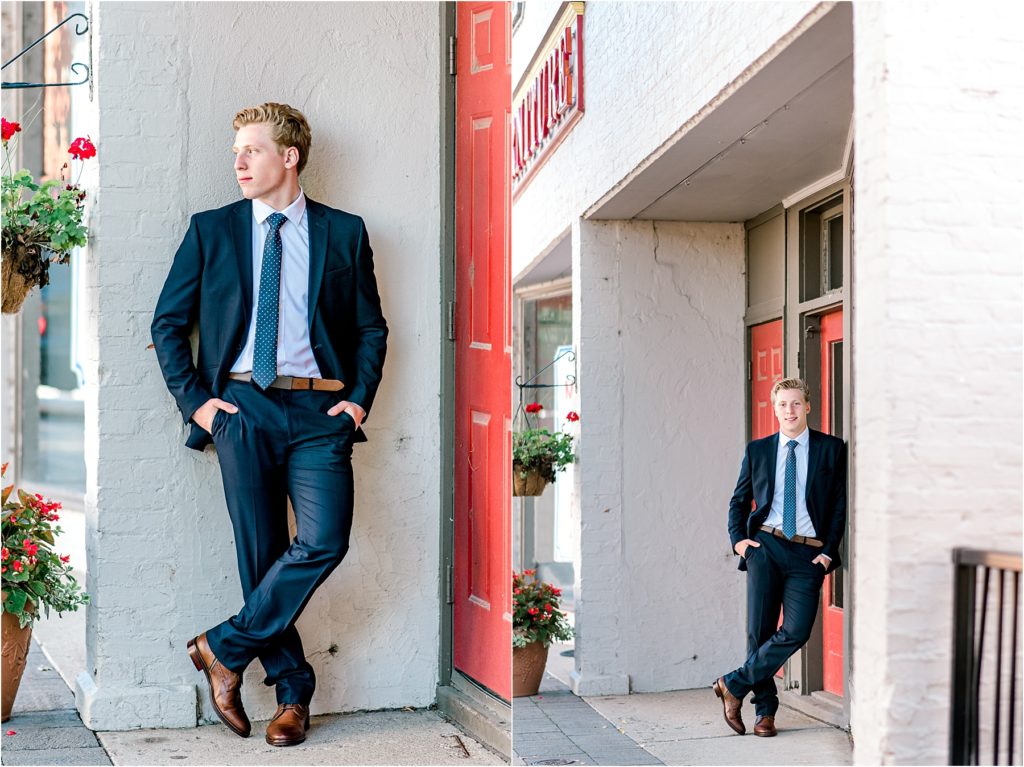 Senior Photo in Downtown Milford, Mi. Young man in a suit.