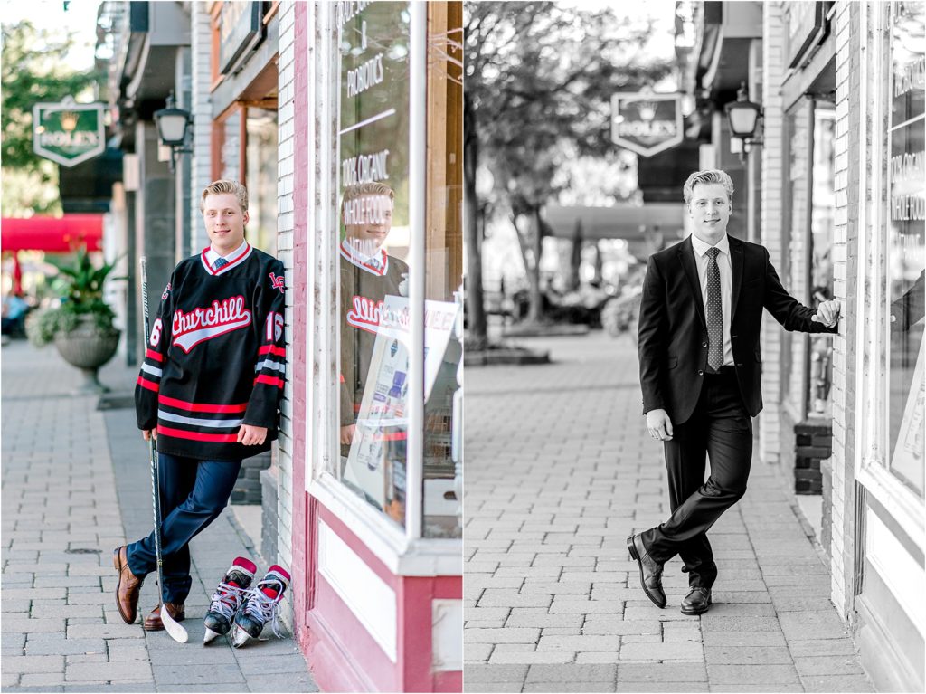Senior photo of a boy in a suit on a brick paver walkway in downtown Milford, Mi. And another photo in the same spot with hockey gear on.