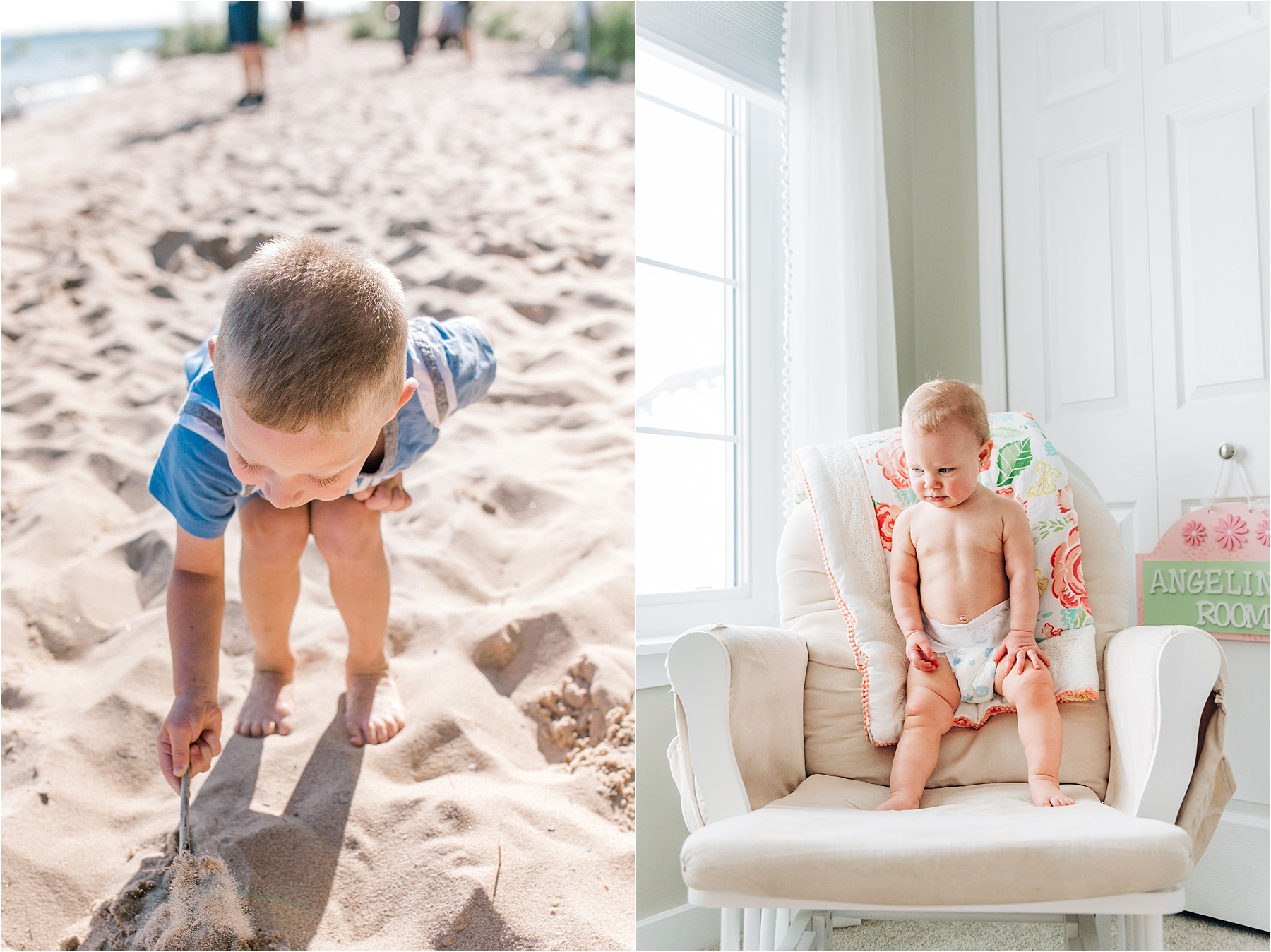 Kid on the beach, and baby standing next to a pretty window