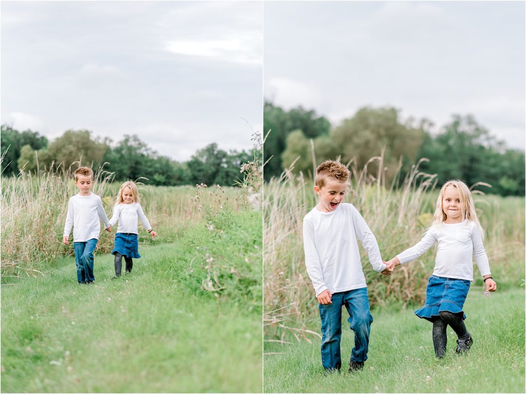 Sibling photograph walking in a field