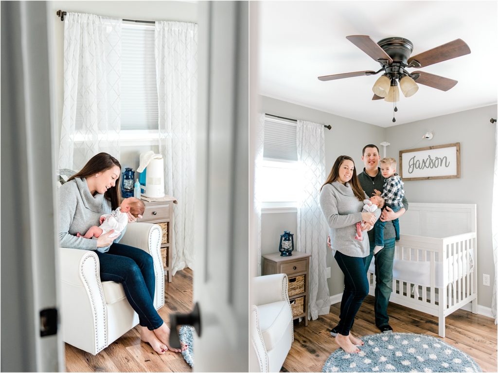 In-Home Newborn Lifestyle Photos of family in baby's nursery. Mom cooing at baby.