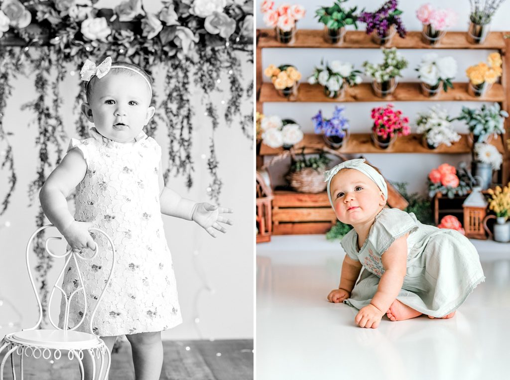 First birthday photos of a little girl with a floral theme