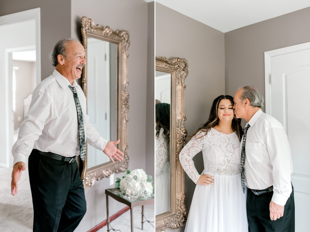 Father of the bride first look from a Boho Style Backyard Wedding | Howell, MI Photographer | Wixom, MI Wedding Photographer