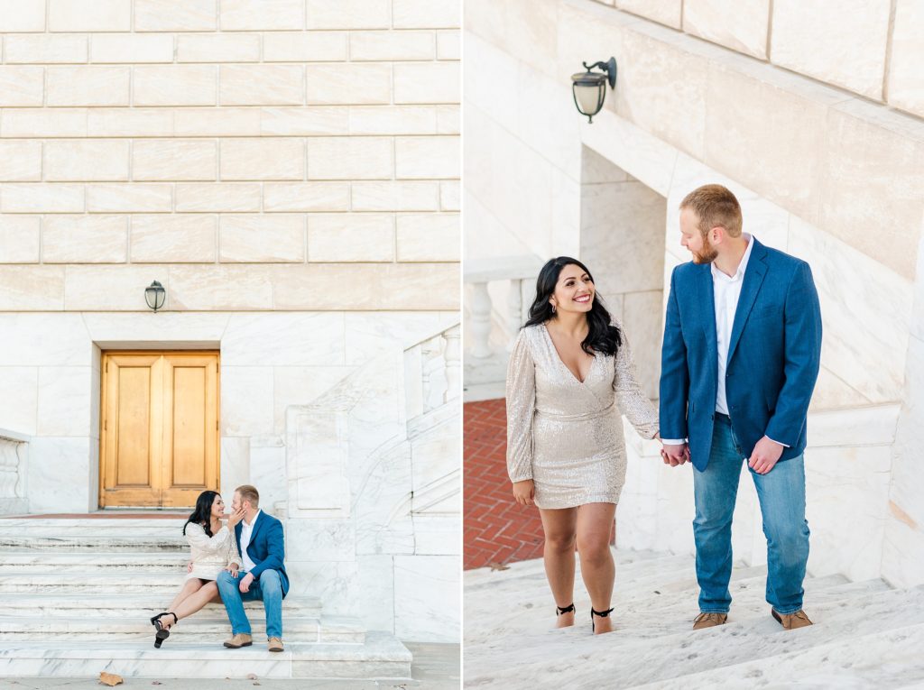 Downtown Detroit Engagement Photos at the DIA, couple on the stairs of the DIA.