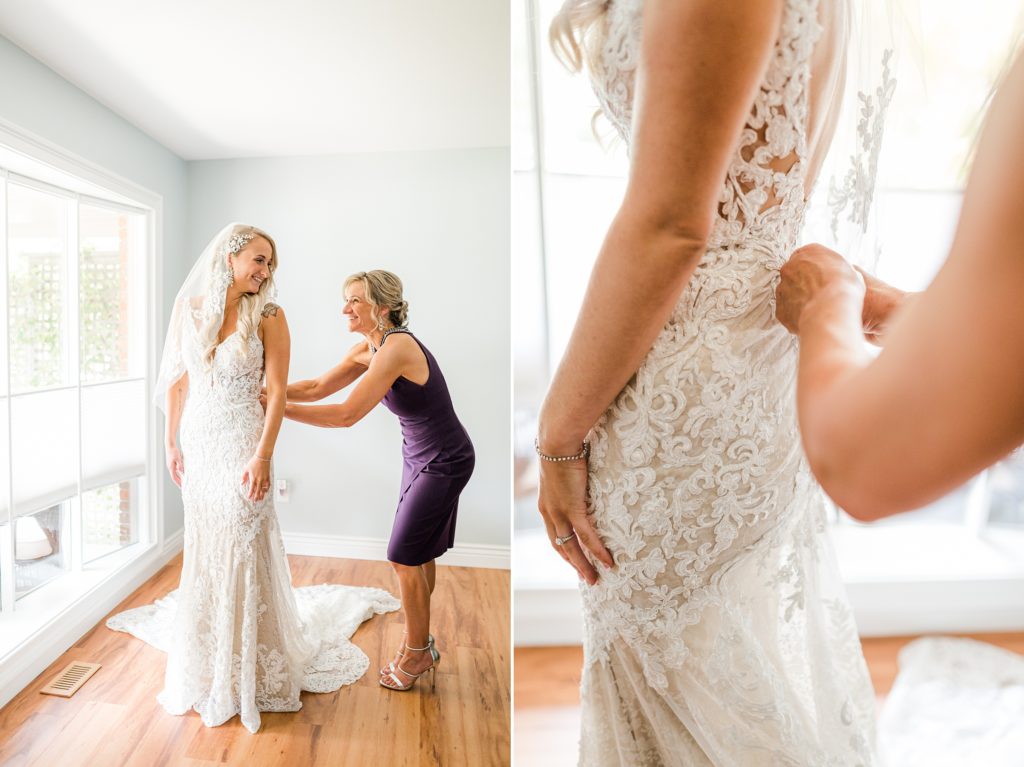 Mother of the bride zipping bridal gown