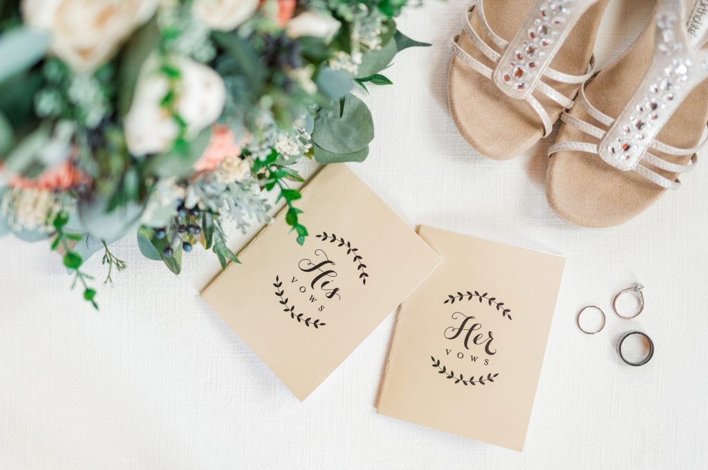 Wedding Details: Vow books, rings, shoes, and bouquet
