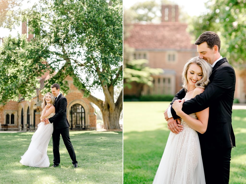 Couple embracing in front of Meadowbrook Hall , Wedding Photo