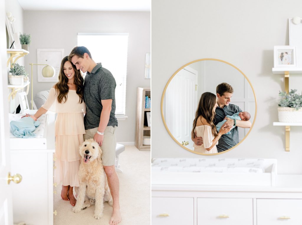 lifestyle newborn photos in the nursery with goldendoodle dog.