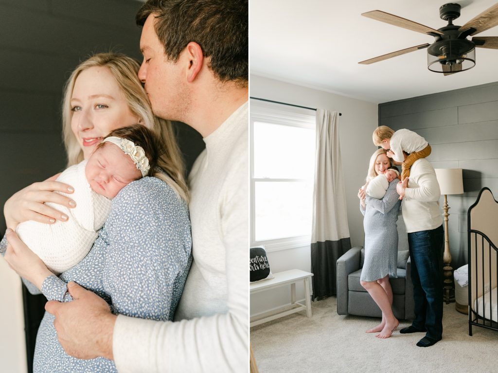 Family standing in baby's nursery. Photo captured by an Ann Arbor Newborn Photographer.