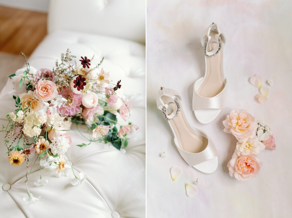 Photos of wedding day details. Bridal shoes and a whimsical, spring colored bouquet.