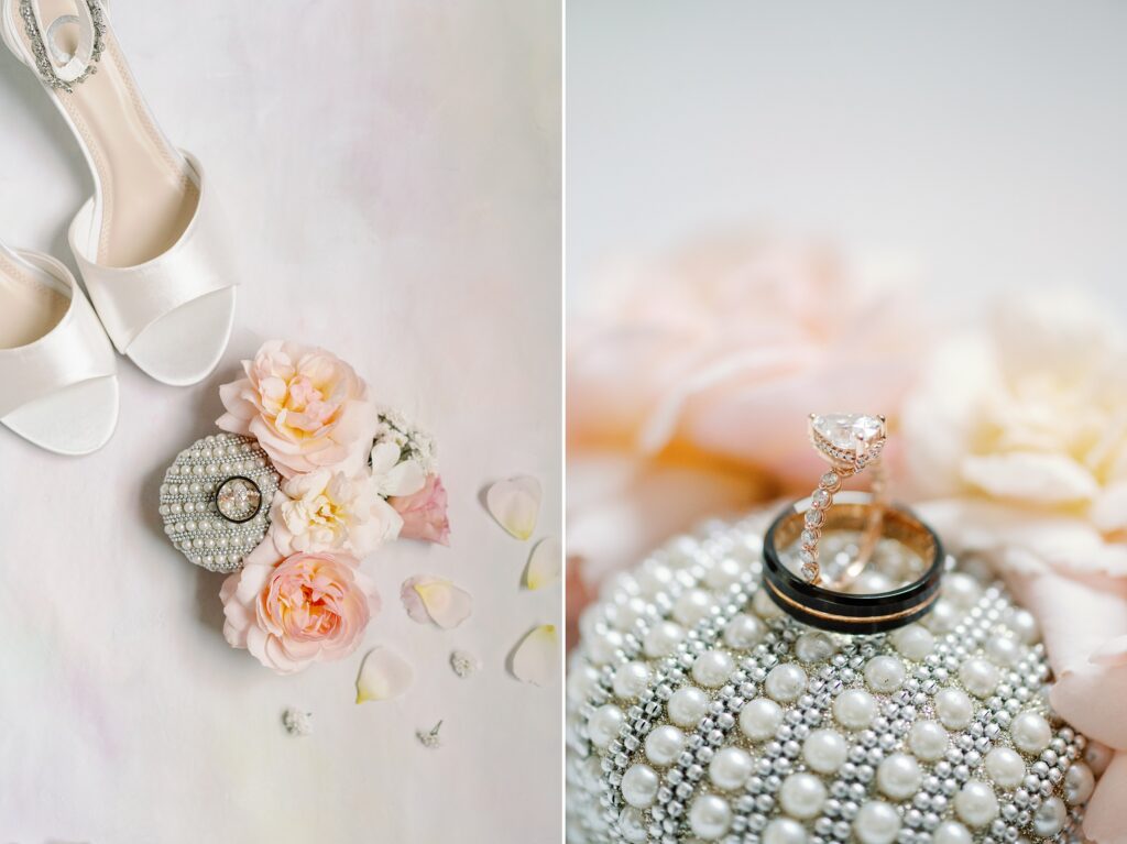 Wedding details: florals, shoes, and bridal rings in a beautiful flat lay photo.
