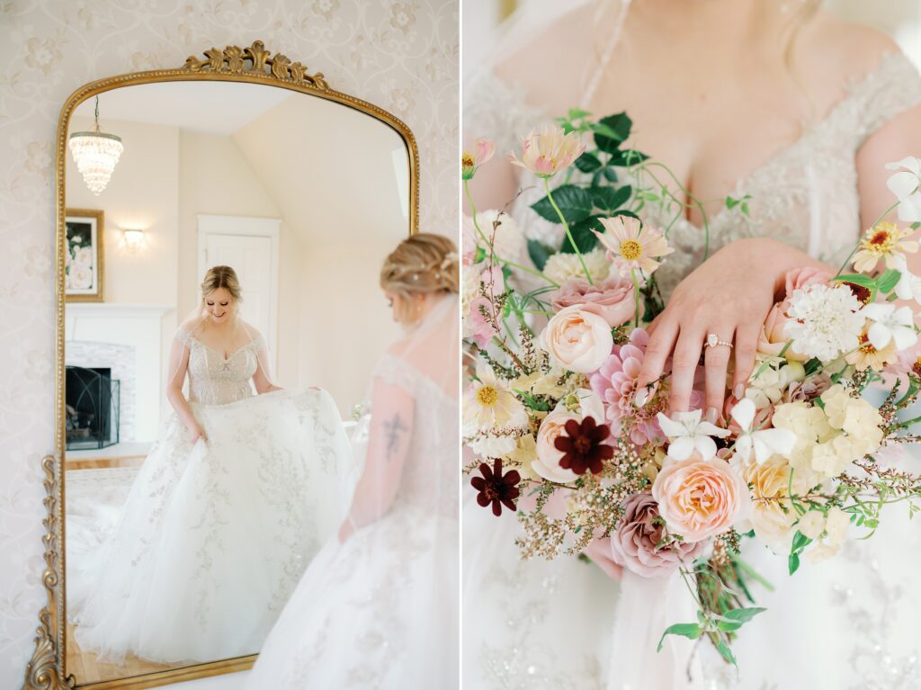 Photo of a bride dancing in the mirror as she holds her gown, next to a photo of her bouquet with her hand over top of it showcasing her ring.