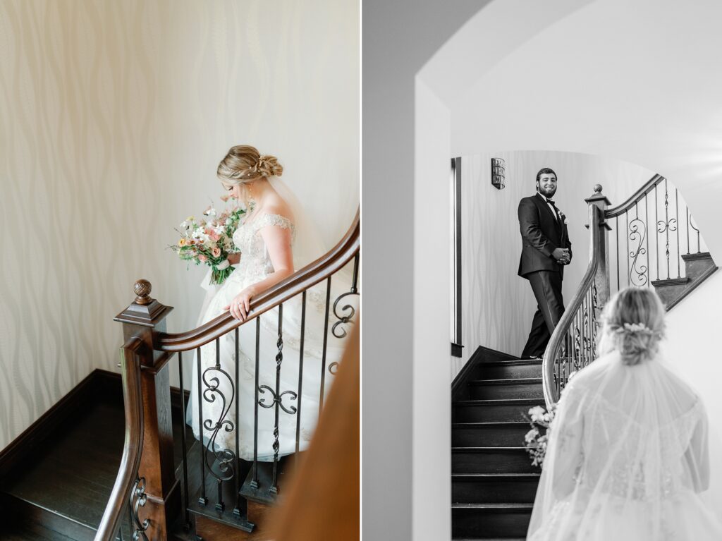 Bride walking down the staircase at Venue 3Two in Grand Rapids, MI. Next to a photo of Bride and Groom sharing their first look on the same set of stairs.