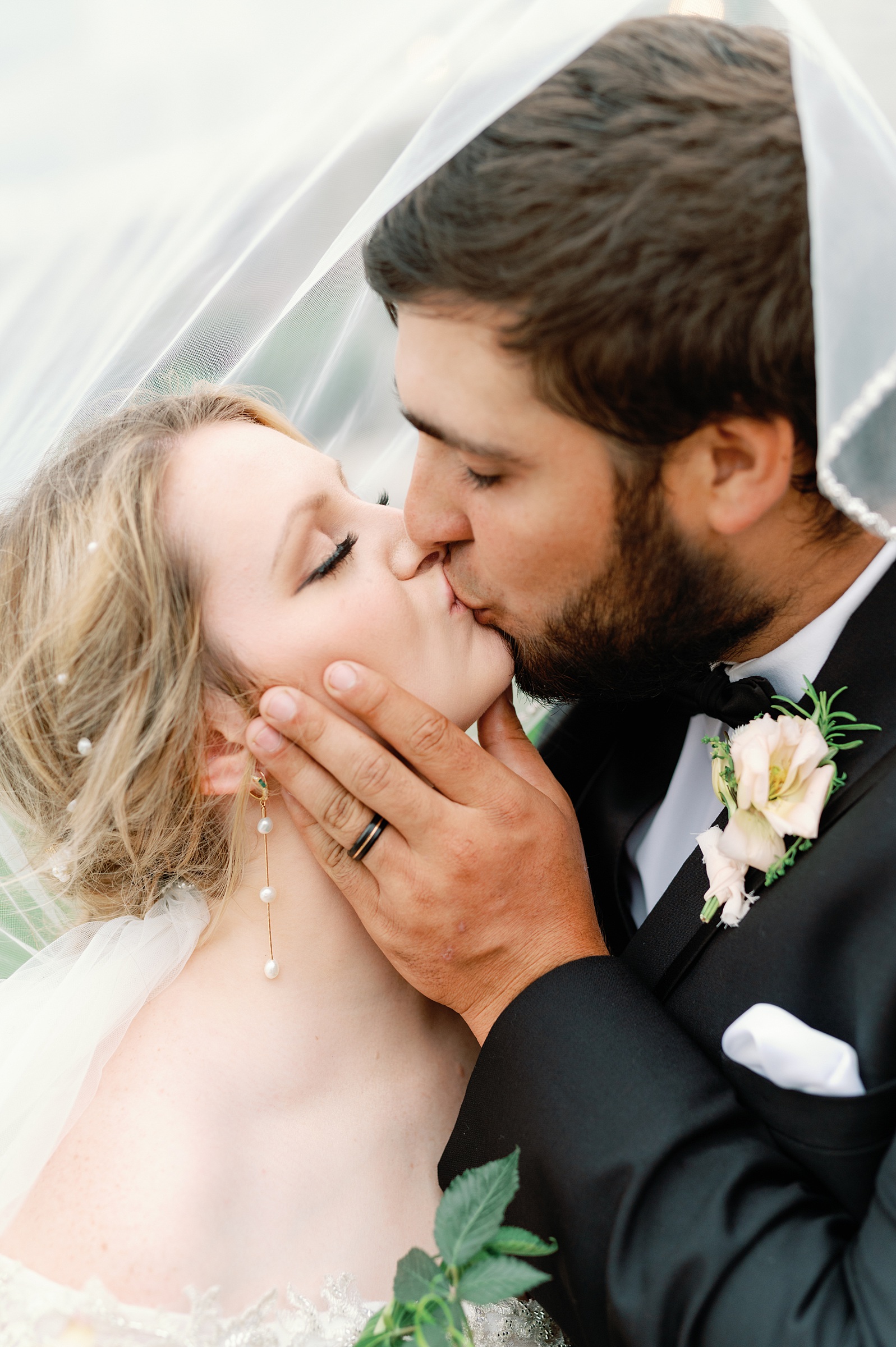 Couple kissing on their wedding day, groom holding bride by the chin under the veil.