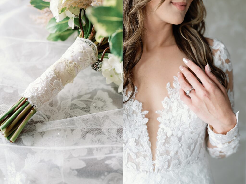Bridal detail photos, lace on the bouquet stems and bride's gown detail with her ring.

