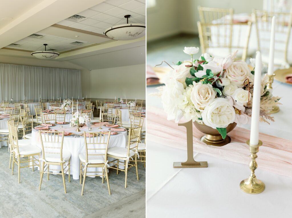 Reception decor, gold chiavari chairs, pink and white decor.
