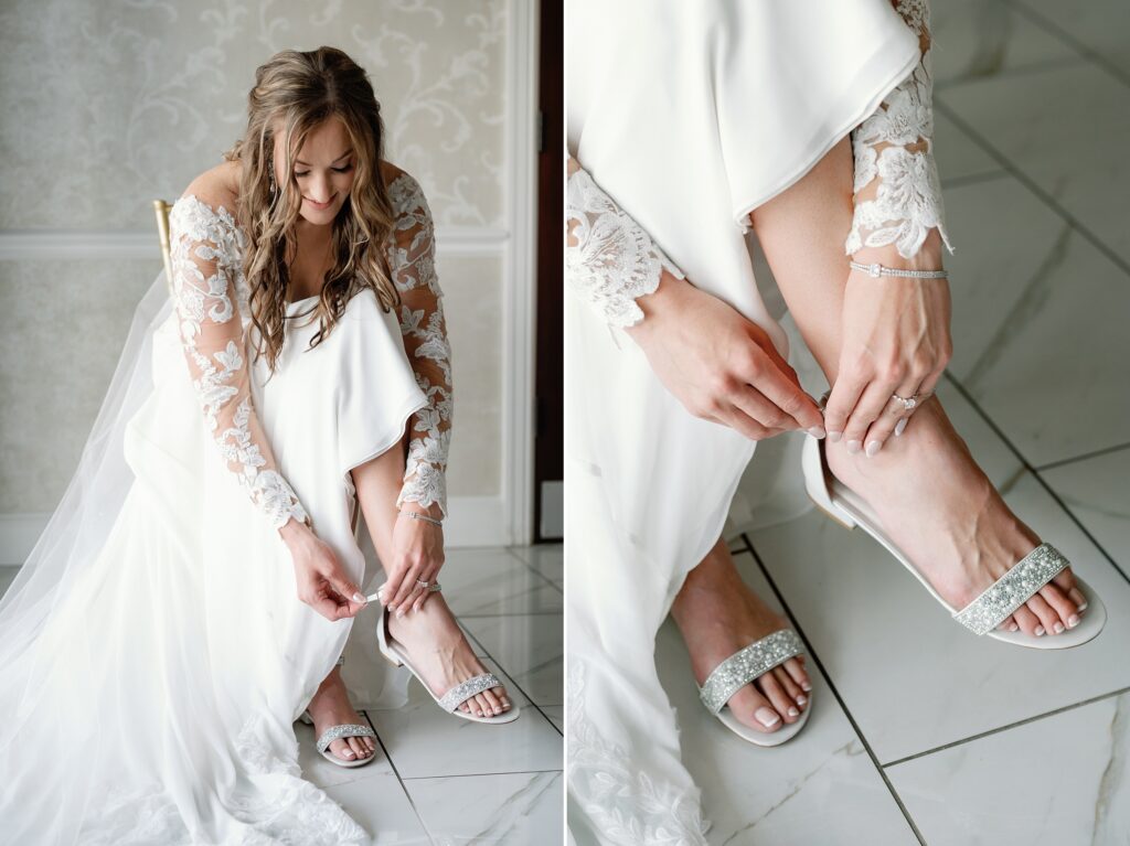 Bride buckling her shoes.