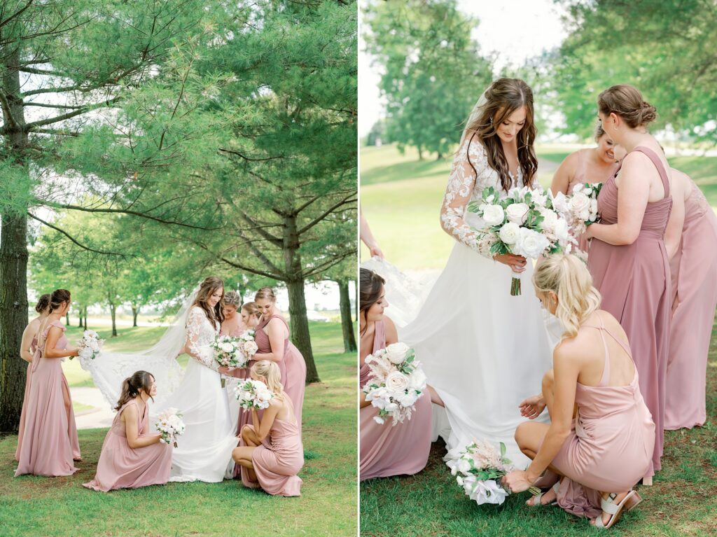 Bridesmaids helping to fluff the bride's gown on her wedding day at Greystone Golf Club