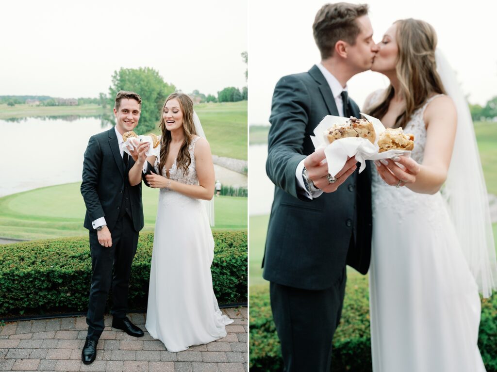 Bride and groom kissing while eating ice cream cookies on their wedding day.
