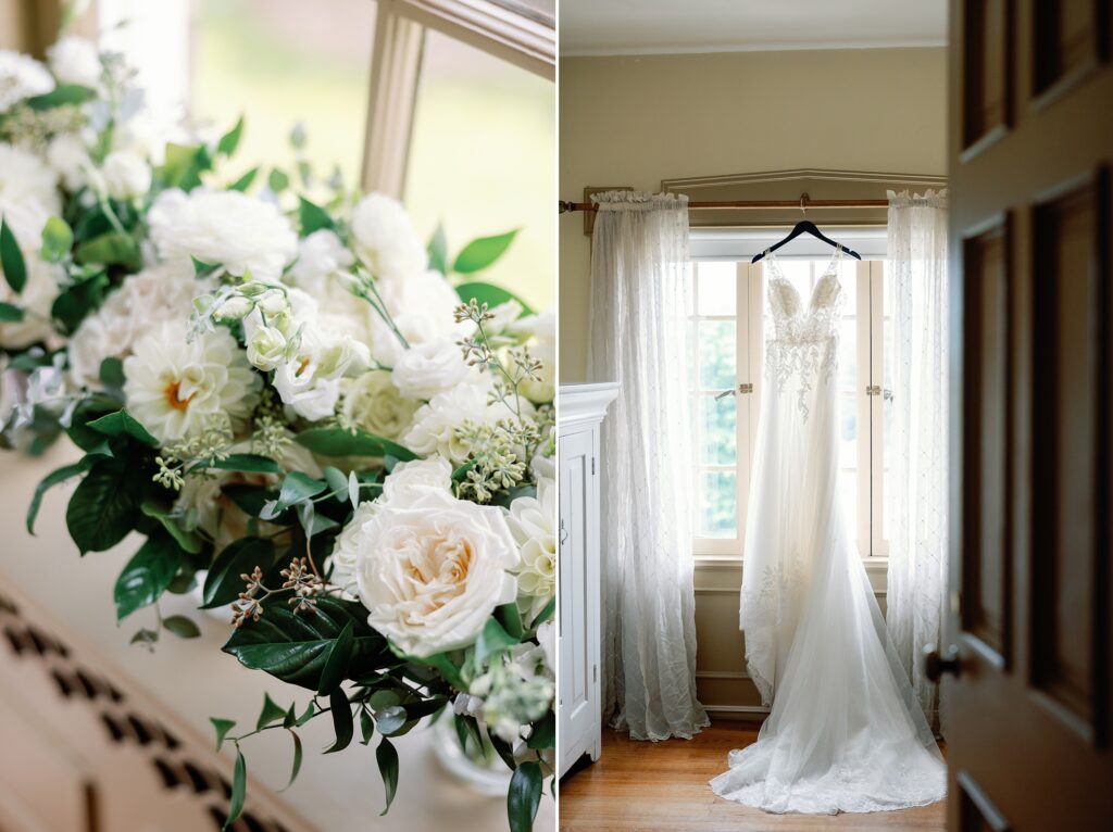 Bridal gown and bouquets 