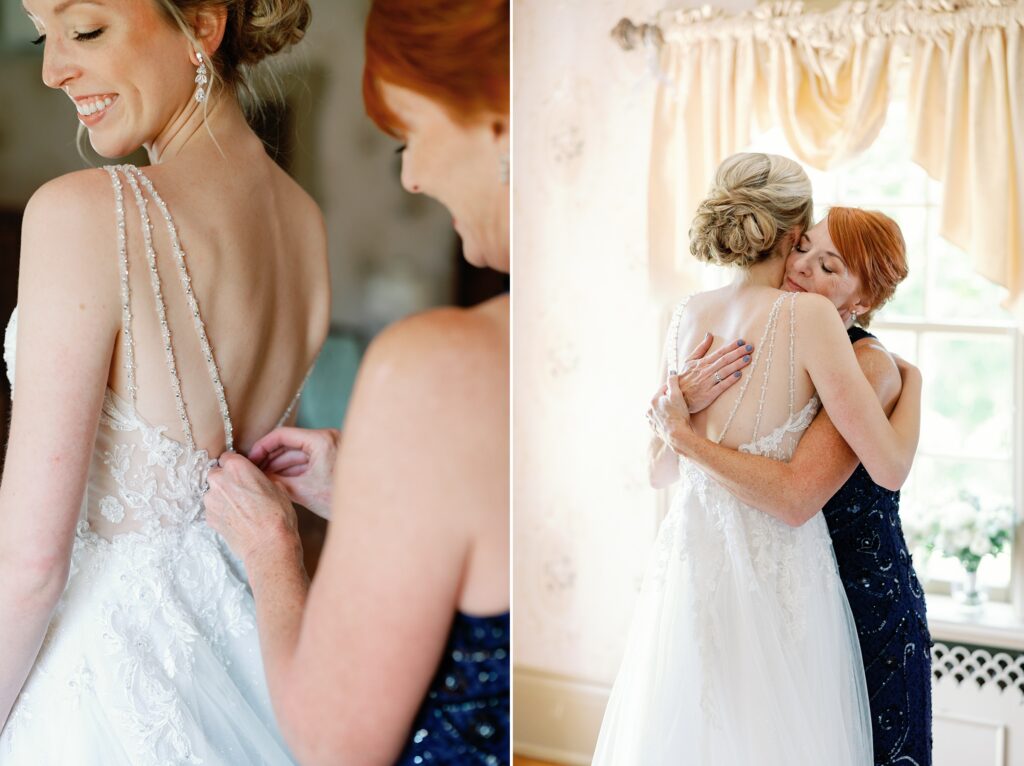 Mom buttoning bride's gown and then hugging her