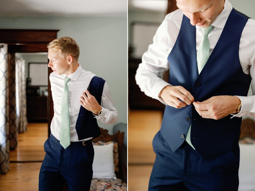 Groom buttoning his vest for his Felt Mansion Wedding