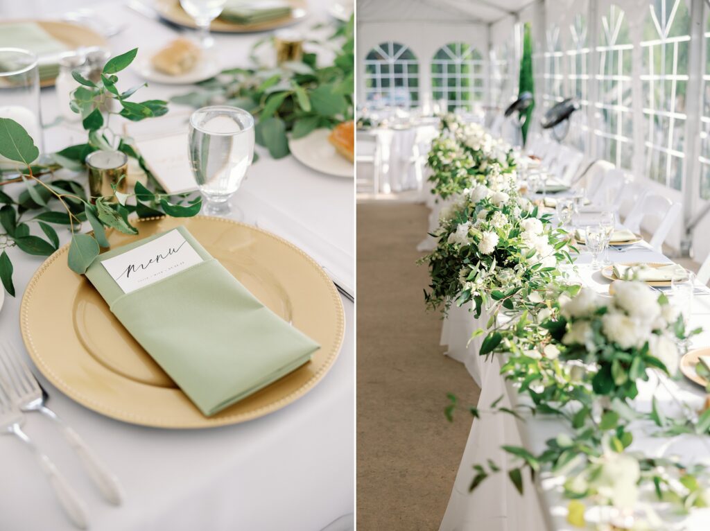 Felt Mansion Wedding reception in white tent with white and green details