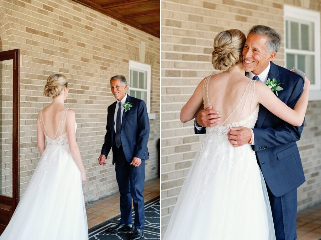 Bride sharing a first look with her dad at her felt mansion wedding