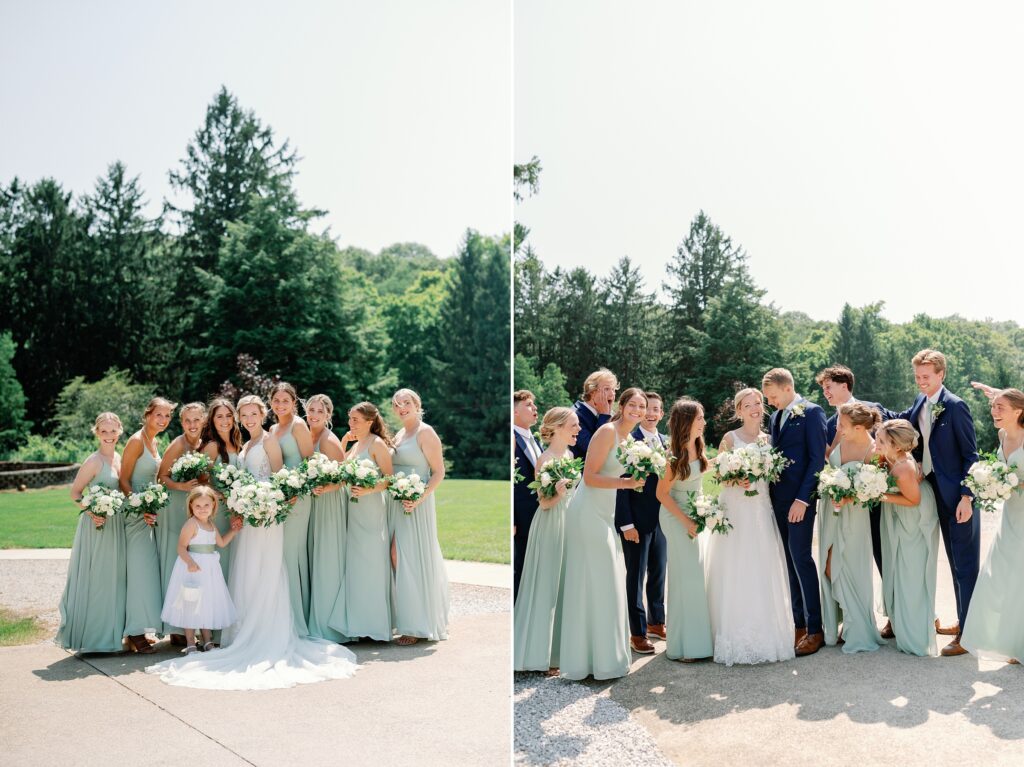 Bridal party photos in front of the felt mansion, bridesmaids are wearing sage green dresses and groomsmen are in navy blue. Florals are white and green.