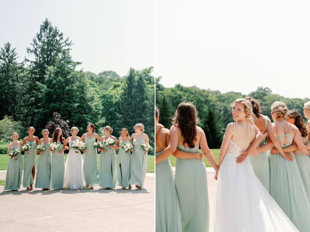 Bride peeking over her shoulder as she walks away from the camera with her bridesmaids