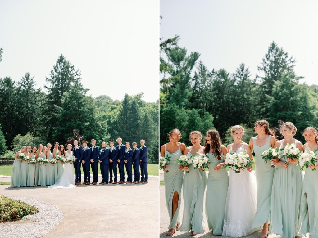 Bridal party photos in front of the felt mansion, bridesmaids are wearing sage green dresses and groomsmen are in navy blue. Florals are white and green.