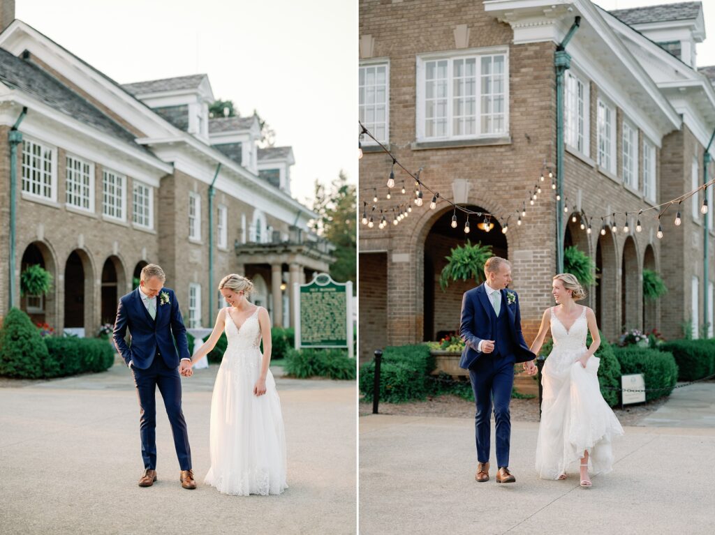 bride and groom walking together at their felt mansion wedding