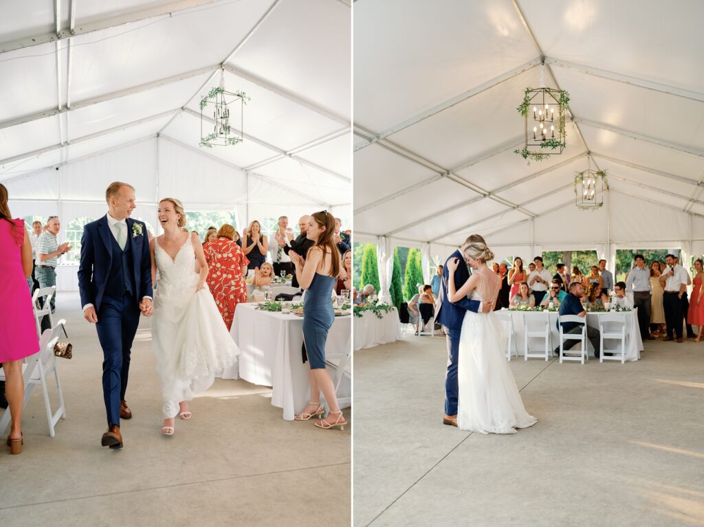bride and groom share their first dance after their grand entrance to the reception.