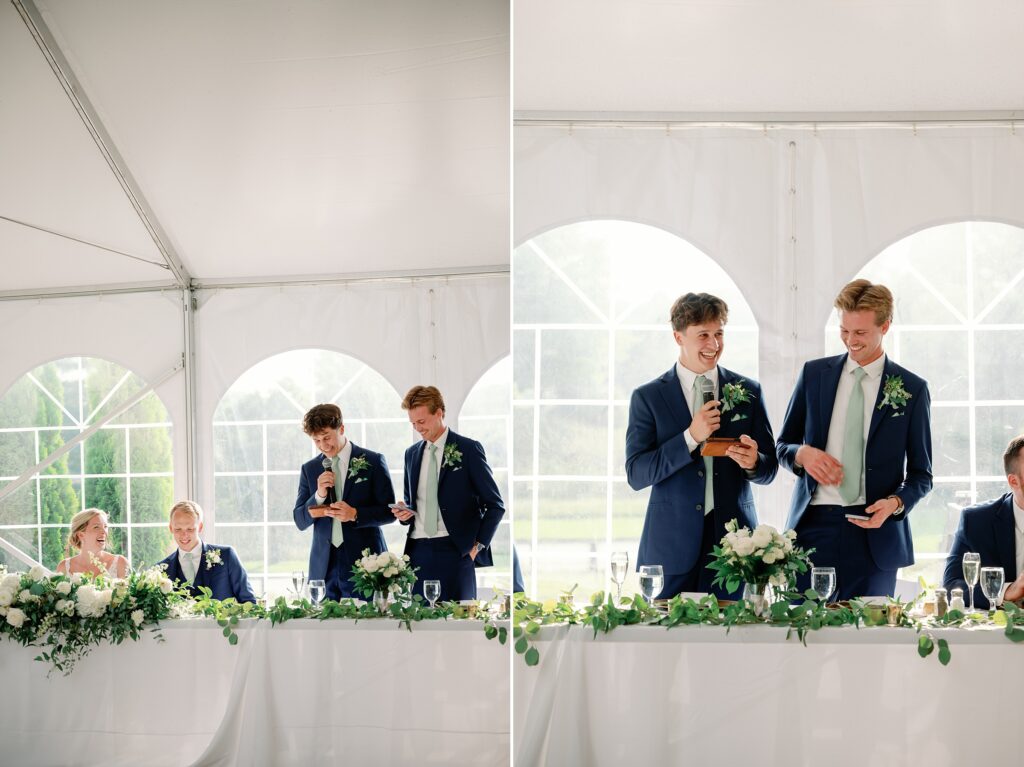 best men give their speech together at the wedding reception
